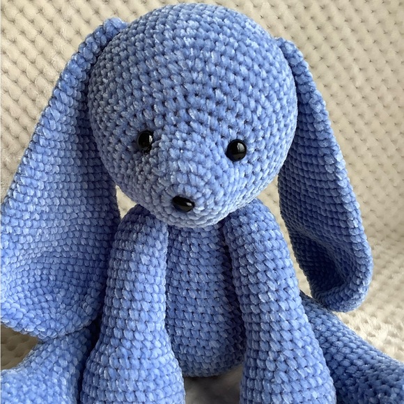 Cute Knitted Crocheted Plush Blue Bunny Rabbit Stuffed Animal Handmade Toy - Picture 8 of 10